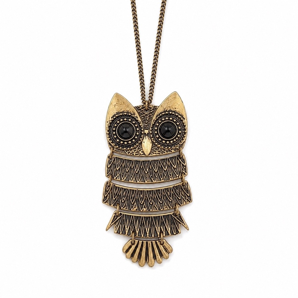 Antique Bronze Articulated Owl Pendant Long Statement Necklace Boho Whimsigoth